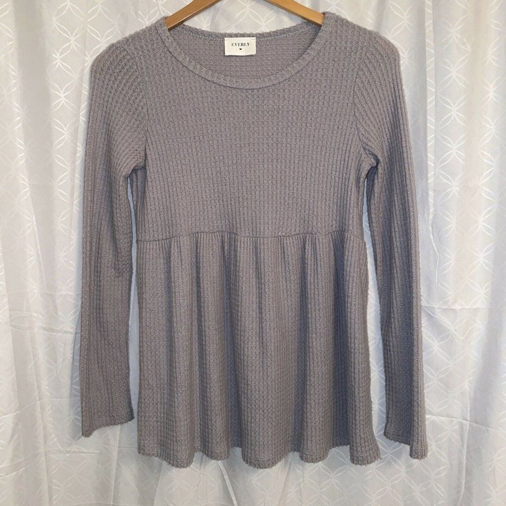 Everly Empire Waist Peplum Gray Waffle Sweater Sm